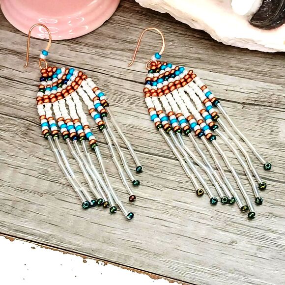Boho Chic Seed Bead Dangle Earrings, Copper Jewelry, Statement Artisan 4" - Picture 7 of 7